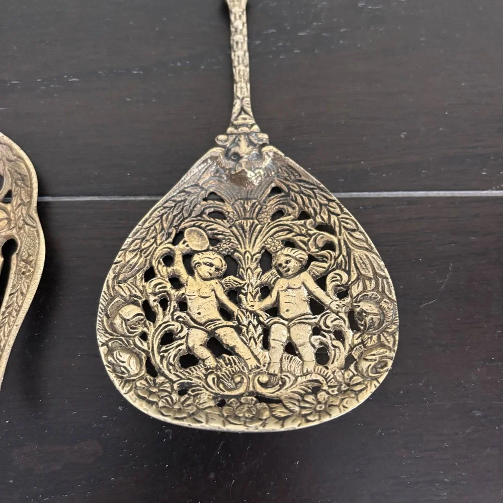 Vintage Italian Brass Salad Serving Set | Cherub Lion Fleur-de-Lis Ornate |‎ 2pc